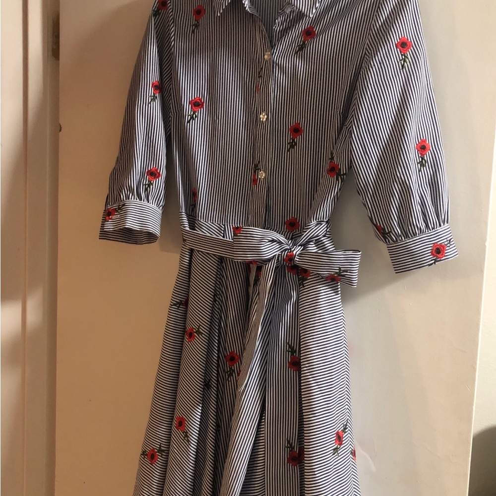 Betsey Johnson Navy Striped Shirt with Red Floral Detail and Flower Buttons